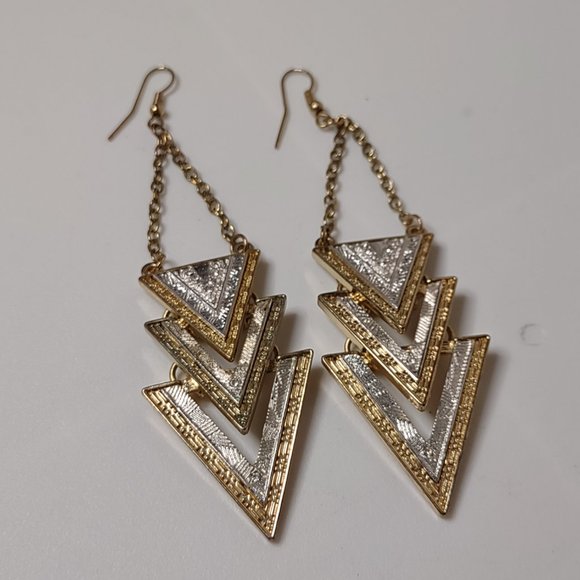 Pretty Two Tone Triangle Shaped Dangle Earrings - Picture 1 of 15